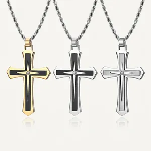 Cross Pendant Necklace 316 Stainless Steel Two-Tone Rhinestone Center Gothic Hip Hop Trendy Jewelry For Men