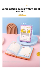 Detalle de cuadernos de peluche con 112 páginas a color e ilustraciones de animales