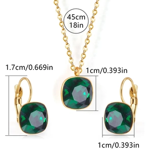 Detail view of gold stainless steel jewelry set with green zircon dimensions and size tags
