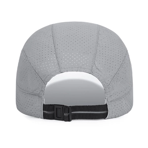Grey breathable quick-dry sports cap featuring laser-cut vents and adjustable strap