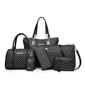 6-piece women handbag set with geometric print tote, crossbody bag, and wallet in black