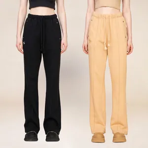 Women Cotton Knit Flare Pants Drawstring Waist Cross Embroidery Metal Rivet Bell Bottom Casual Leisure Trousers Streetwear