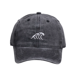Distressed dark grey washed cotton baseball cap with white wave embroidery and curved brim