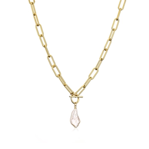 Elegant gold chain necklace with baroque natural pearl and trendy OT toggle clasp
