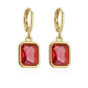 Macro shot of rectangular red zircon drop earrings in 18K gold plated copper settings