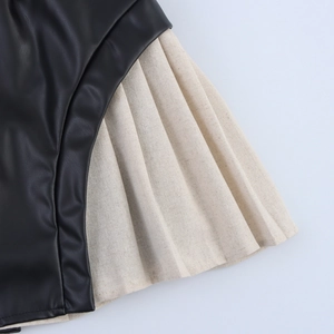 Sexy PU leather and beige linen patchwork pleated mini dress for women's party wear