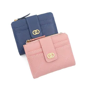 Women Short Wallet Quilted PU Leather Double Ring Decor Multi Card Slots Zipper Coin Purse Bifold Elegant Fashion