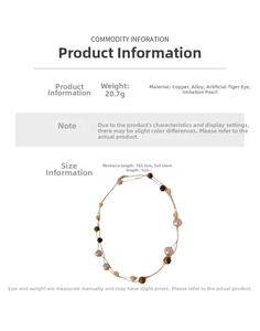 Detail view of long pearl necklace with faux tiger eye beads showing 102.3cm length