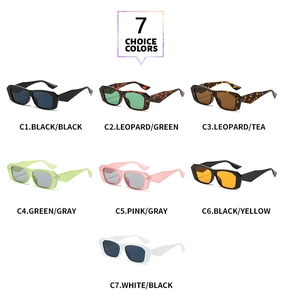 Detailed view of polygon sunglasses showcasing seven color options in a clean studio layout