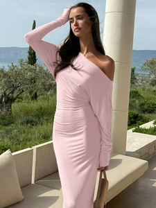 Elegant pink off-shoulder long sleeve slim maxi dress with waist ruching and draped fabric
