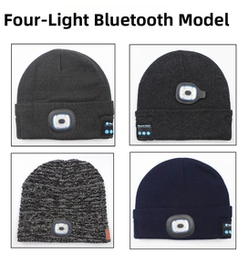 Detail of knit beanies in four colors with integrated LED light and Bluetooth music control