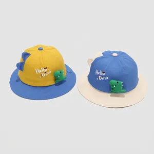 Kids cotton sun hat with 'Hello Dino' embroidery and 3D dinosaur accent in two-tone colors