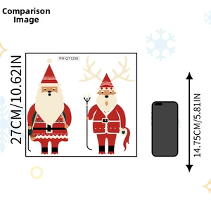 Detailed sheet of Santa Claus wall stickers with size scale next to a mobile phone