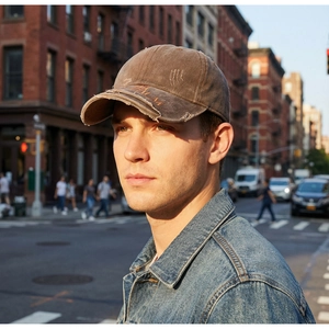 Detail of distressed brown baseball cap with orange embroidery and vintage washed texture