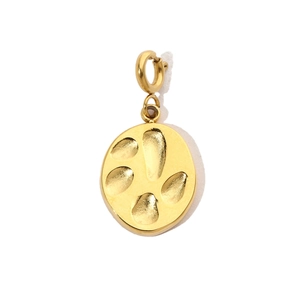 Detailed view of round gold stainless steel charm with oval textured design