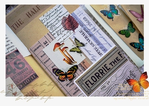 Close-up of vintage butterfly and mushroom waterproof PET stickers for journaling decor