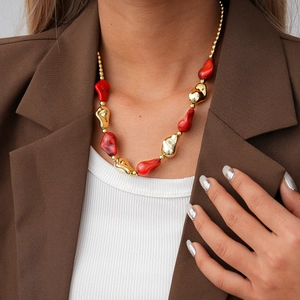 Chunky Beaded Necklace With Acrylic Irregular Geometric Beads And Stainless Steel Metal Accents Bohemian Retro For Women