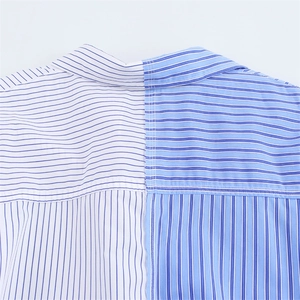 Blue and white striped poplin shirt with patchwork design and turn-down collar