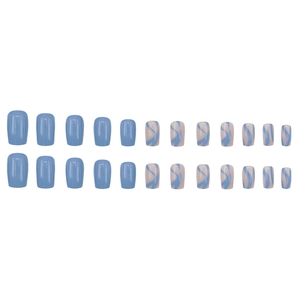 Blue and white marble wave pattern press-on nails set in short square shape
