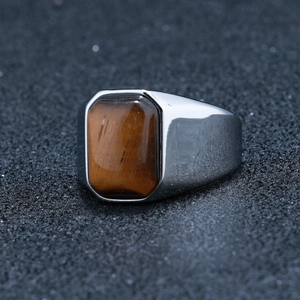 Vintage silver stainless steel ring for men featuring a rectangular tiger eye stone