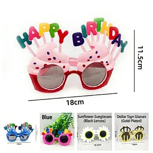 Funny pink cupcake birthday party glasses with colorful Happy Birthday letters for kids