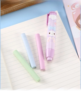 Close-up of a retractable cartoon eraser set with three colored refills on a notebook