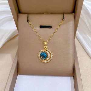Collier Pendentif Planète Galaxie Van Gogh Ciel Étoilé Pierre Bleue Plaqué Or Acier Inoxydable Cuivre Avec Zircon