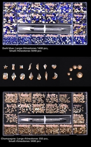 Macro shot of 21-grid nail art rhinestones in champagne and dark blue with dotting pen