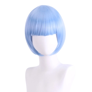 Detail of light blue short bob cosplay wig with bangs made of synthetic fibers