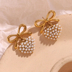 Stainless Steel Bowknot Heart Pendant Stud Earrings With Faux Artificial Pearl Elegant French Retro Gold Plated Jewelry For Women