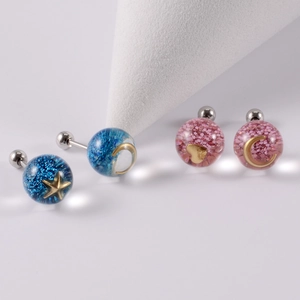 Colorful resin ear studs with glitter, gold moon and star charms in stainless steel