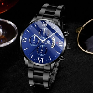 Detail of blue sunray dial quartz watch with black steel strap and calendar window