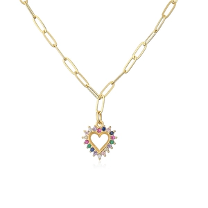 Close-up of 18K gold-plated paperclip chain necklace with colorful zircon heart pendant