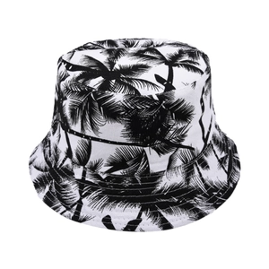 Double-sided bucket hat with black tropical palm leaf prints on white canvas fabric