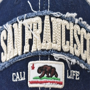 Retro washed denim baseball cap with San Francisco embroidery and California bear patch