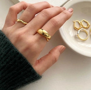 Minimalist 925 sterling silver curved wide band ring with polished gold finish