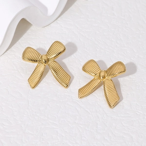 Minimalist 18K gold-plated stainless steel bow earrings with fine horizontal texture