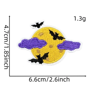 Detail of Halloween patch with full moon, purple cloud, bats, and precise sizing data
