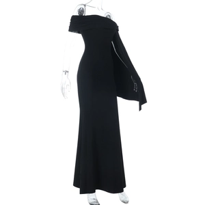 Detail view of black off-the-shoulder slim dress with unique side drape and capelet design