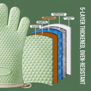 Mint green 5-layer thick silicone oven mitt with anti-slip heart texture and cotton lining