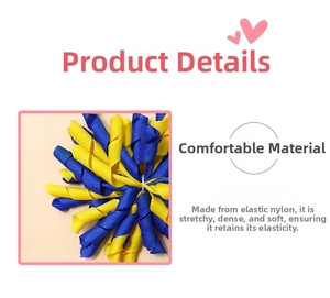 Close-up of high-elasticity nylon material on blue and yellow spiral grosgrain ribbon clip