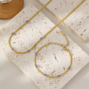 Elegant 18K gold-plated snake chain set with purple square zircon insets and gemstones