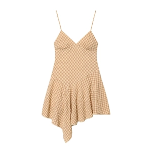 Plaid Spaghetti Strap Mini Dress V Neck Sleeveless Lace Trim Irregular Ruffle Hem Seersucker Vintage Sweet
