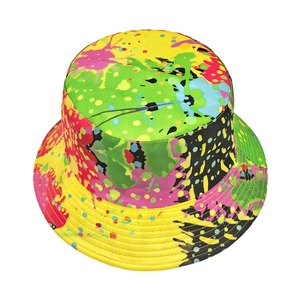 Tie-dye graffiti bucket hat for sun protection featuring vibrant splatter print and reversible design