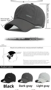 Guide des tailles pour casquette de sport respirante avec détails du tissu
