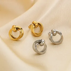 Stainless Steel Interlocking Hoop Earrings Geometric Knot Studs Minimalist Retro High Polish Jewelry For Women