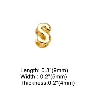 Detailed view of polished gold letter S charm with precise dimensions 9mm x 5mm x 4mm