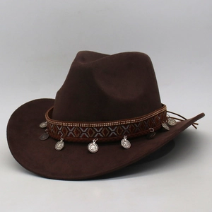 Dark brown felt cowboy hat with ethnic patterned band and hanging silver coin pendants