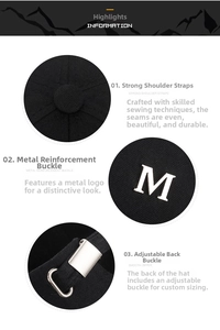 Detail view of cotton baseball cap with metal M logo and adjustable rear buckle strap