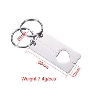 Polished stainless steel rectangular couple keychain set with heart-shaped cutout and dimensions